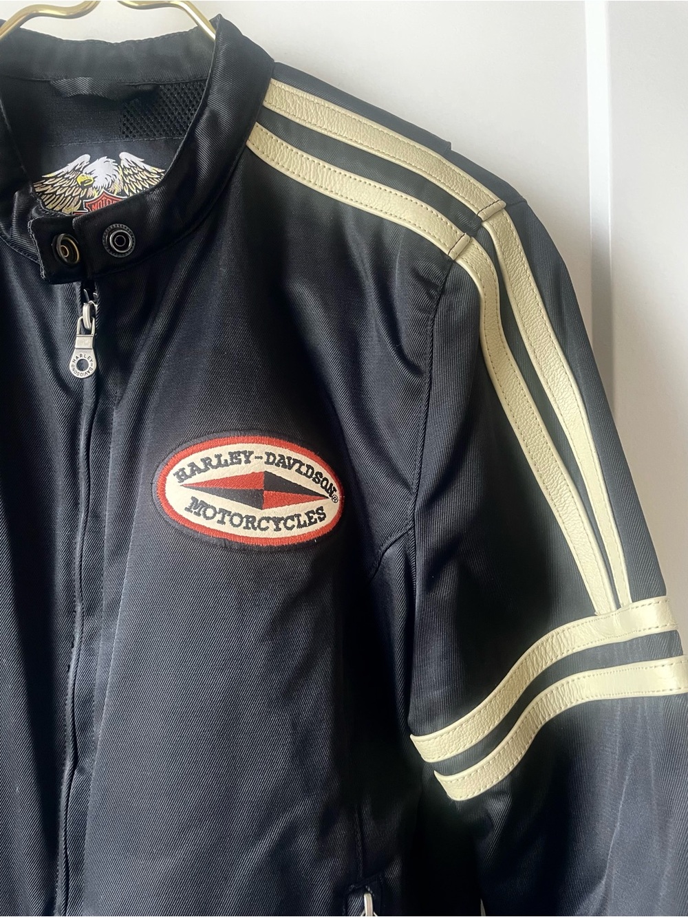 Harley-Davidson Women’s Moto Jacket M Black Leather Trim Racing Stripe Zip - Picture 4 of 13